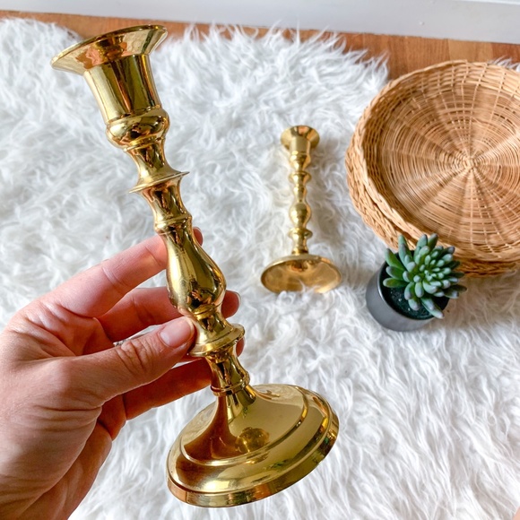 Vintage MCM Gold Brass Candle Sticks - Set of 2 - Picture 2 of 6